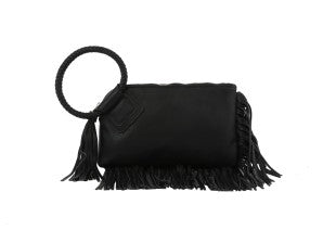 Vegan leather fringe trim wristlet