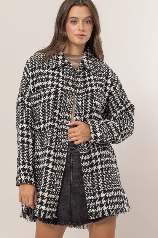 Black & white tweed snap front jacket