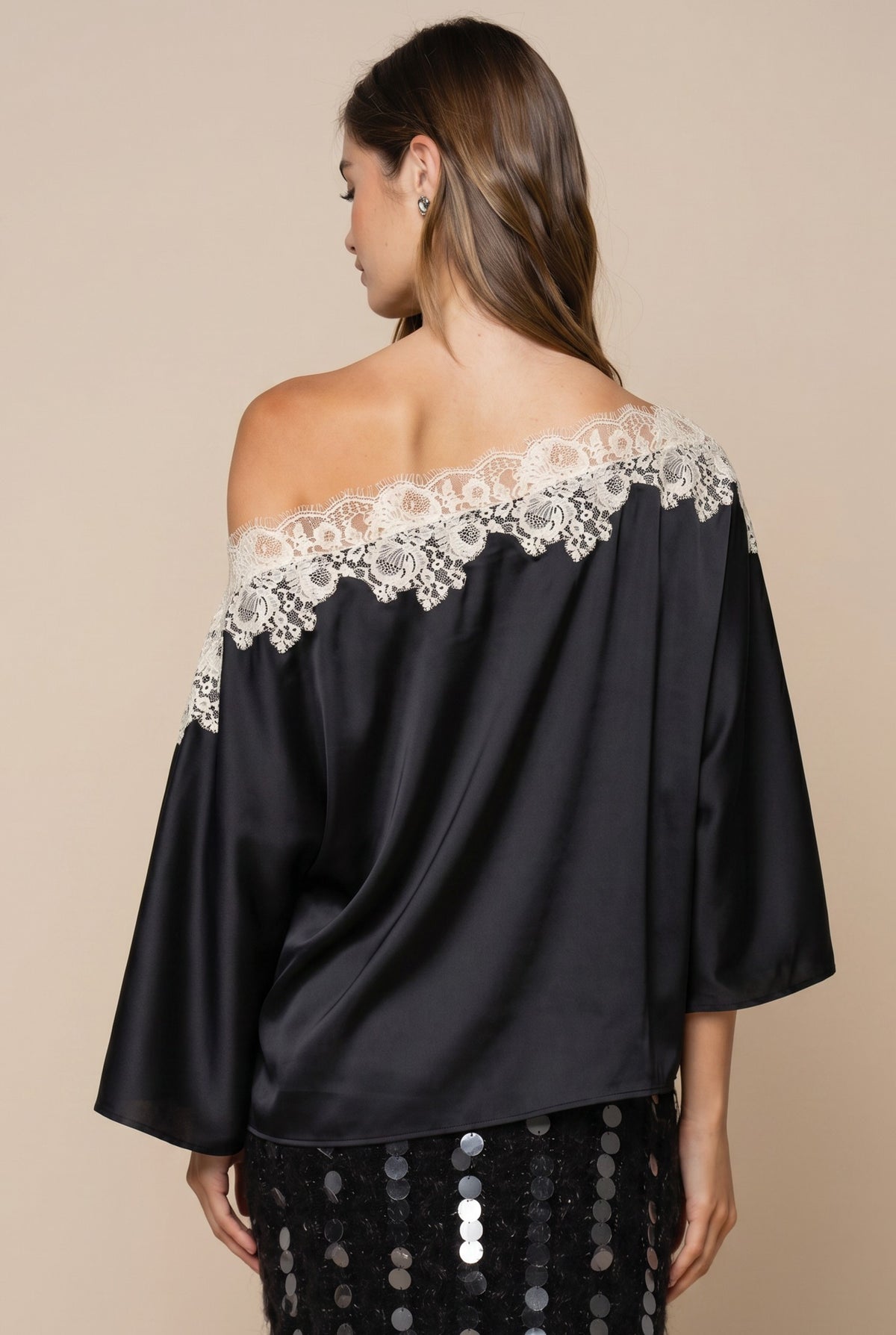 Satin one shoulder top with lace trim