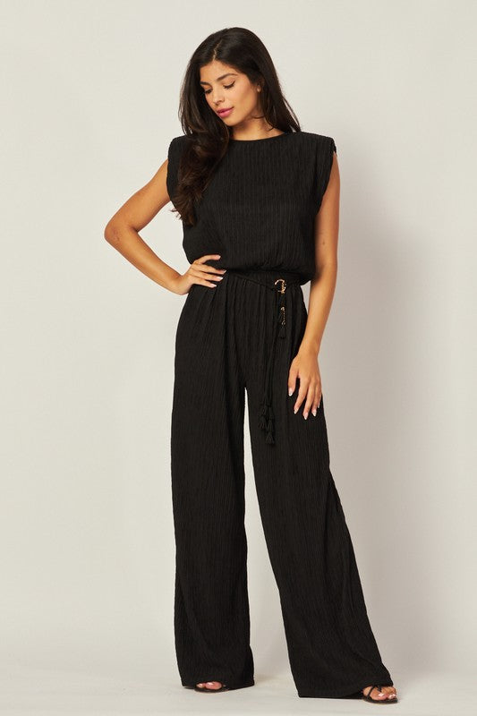 Crinkle Plisse shoulder pad jumpsuit