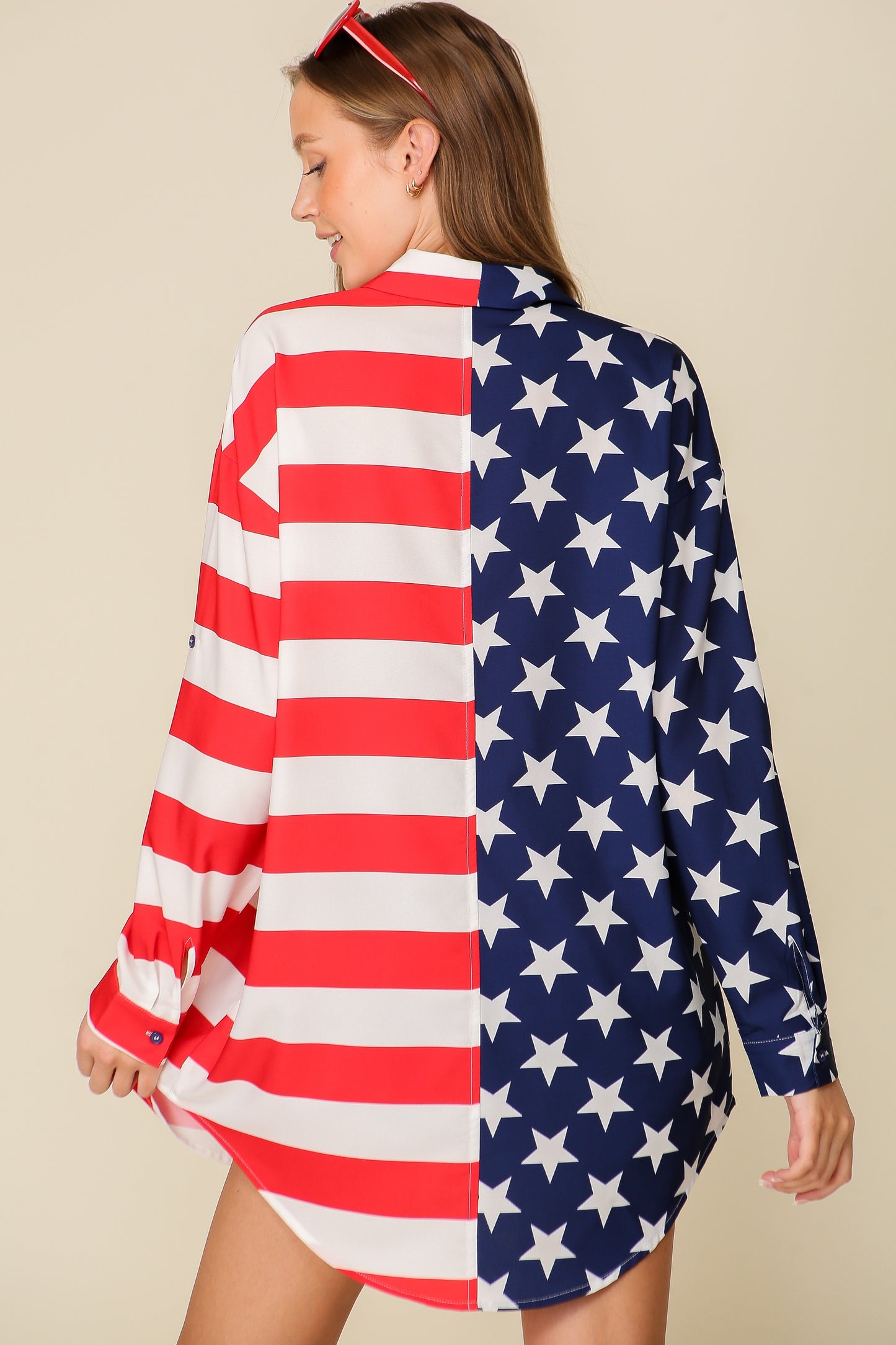 American flag print button down shirt dress