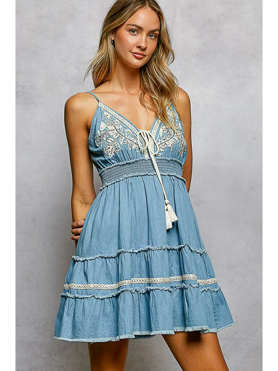 Vintage denim embroidered dress