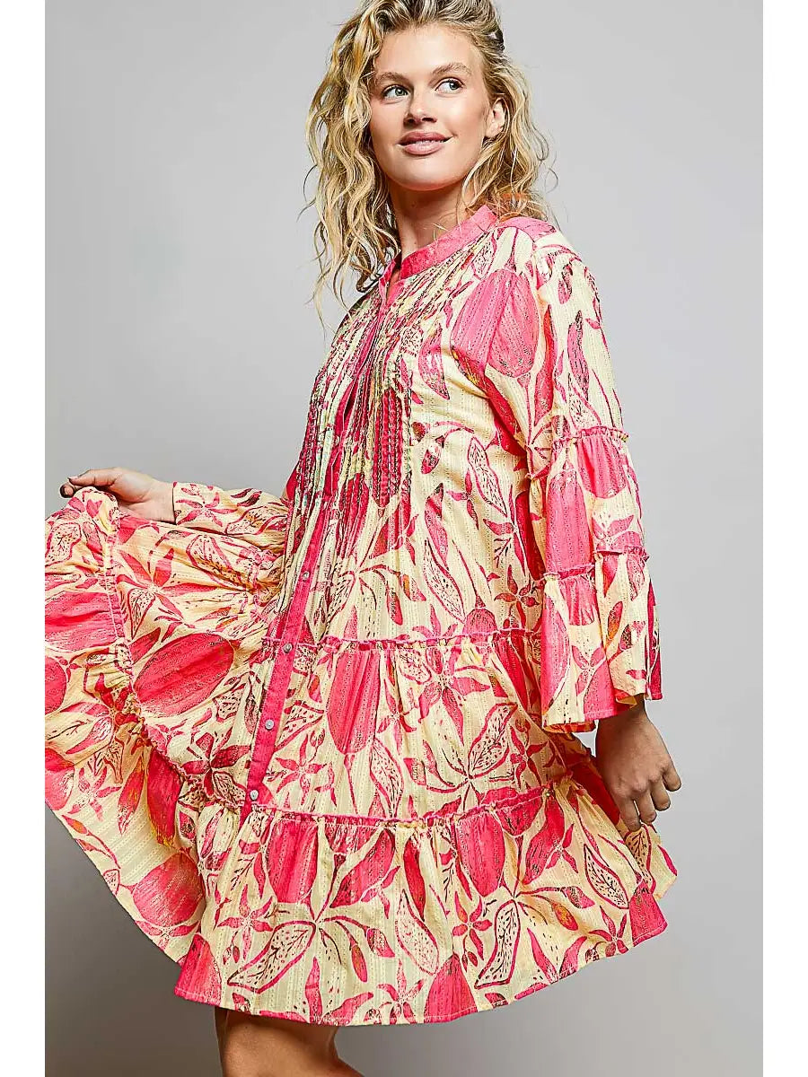 Floral ruffle stand collar dress