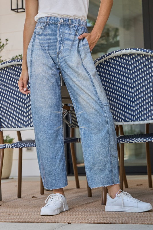 Barrel style pull on denim look sweatpants