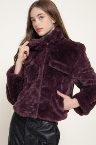 Maroon funnel neck fur jacket