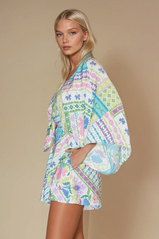 Batwing Sleeved Tropical Print Romper