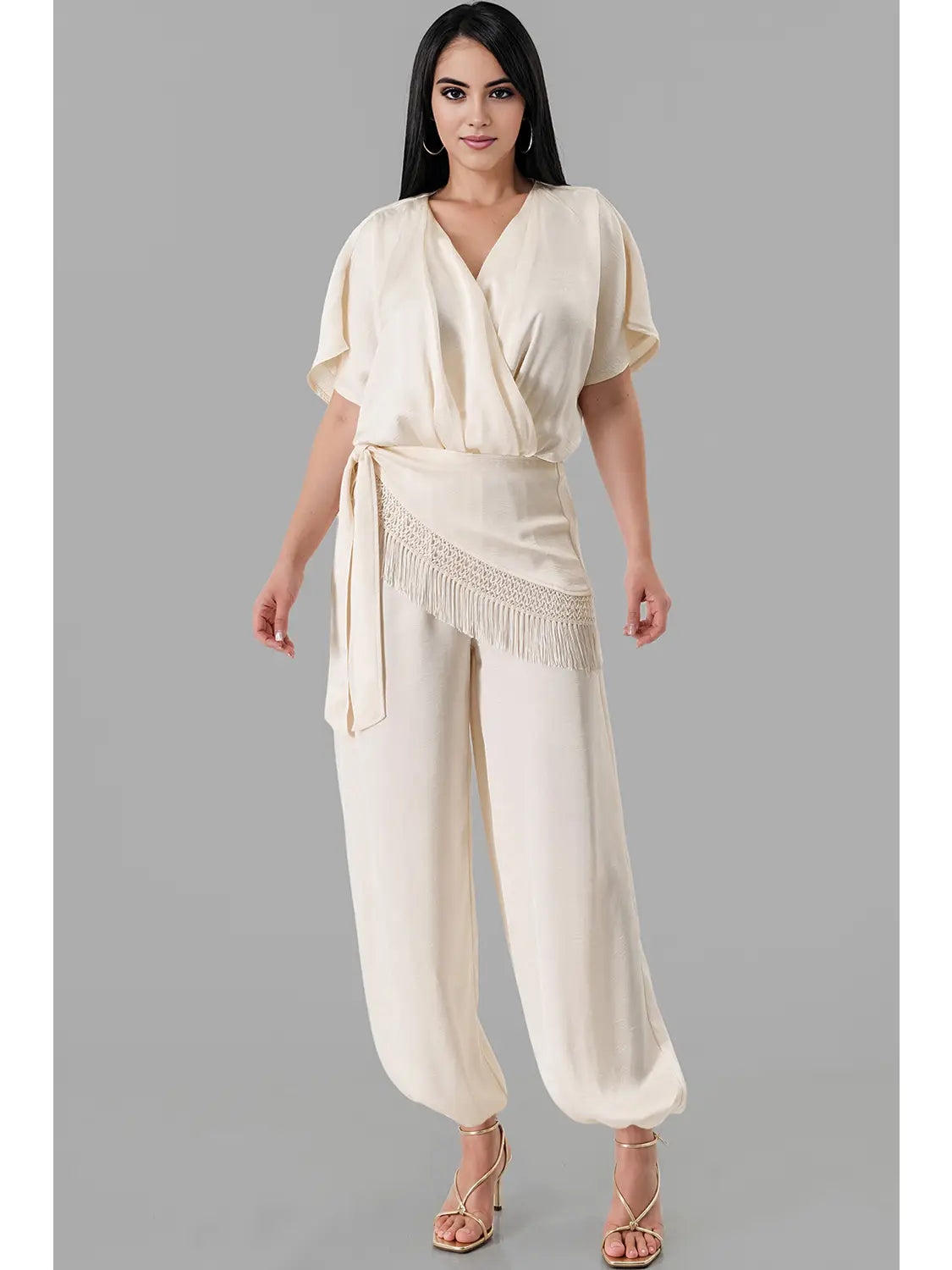 Draped V-Neck Satin Jumpsuit with Fringe Trim