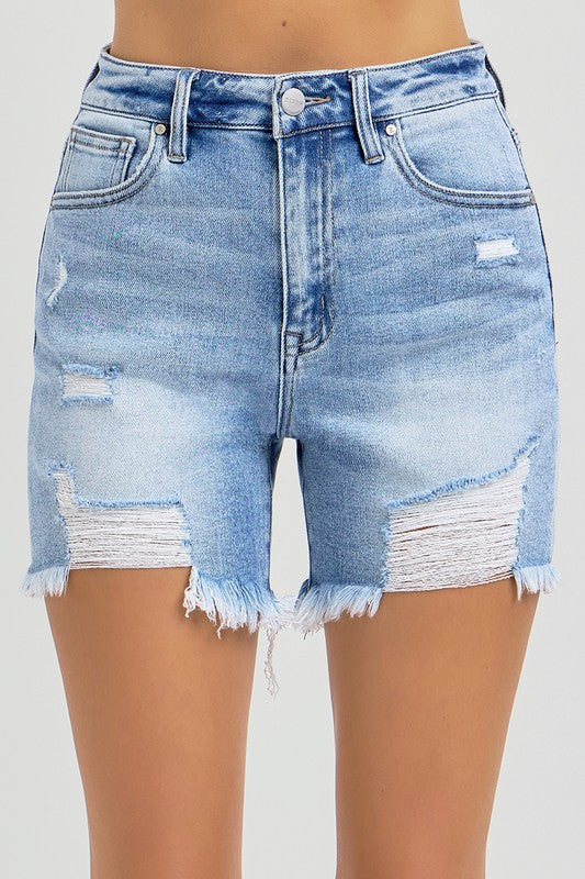 High rise mid thigh denim shorts by Risen