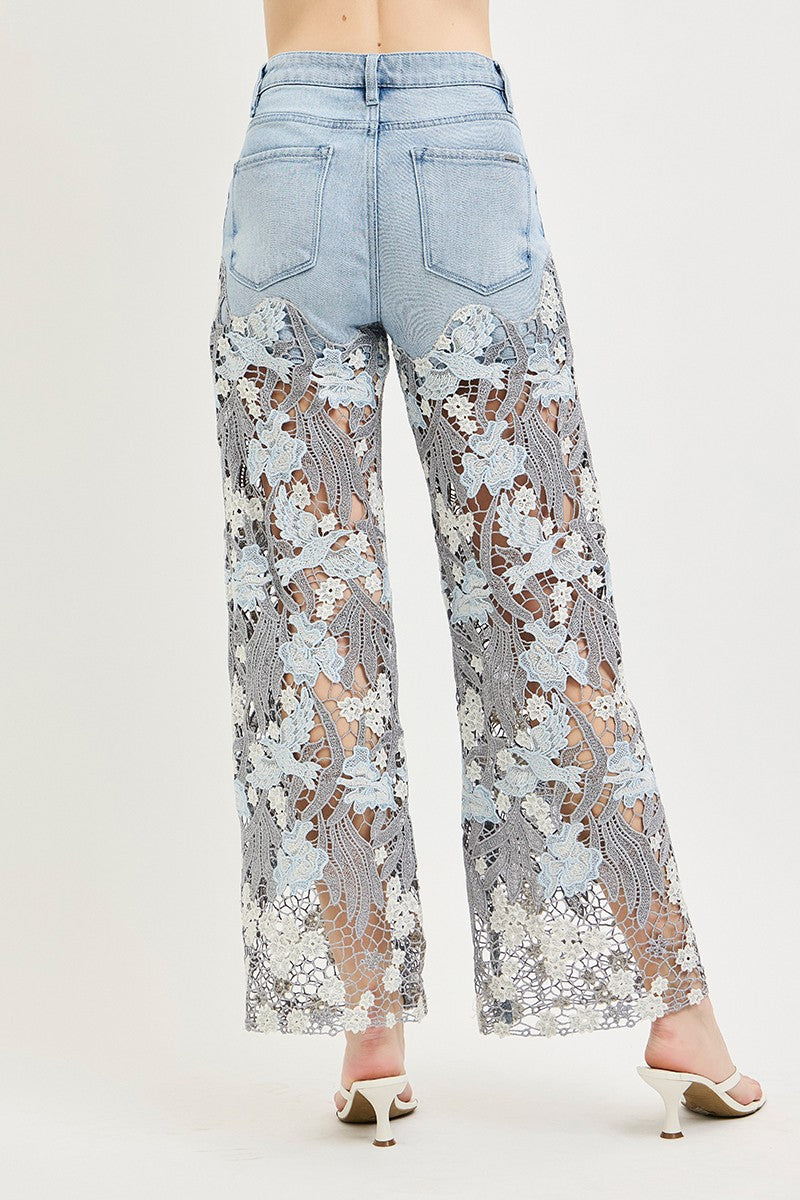 High rise lace panel jeans