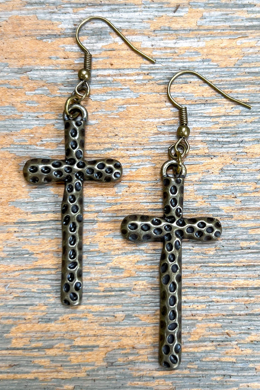 Bronze textured cross earrings