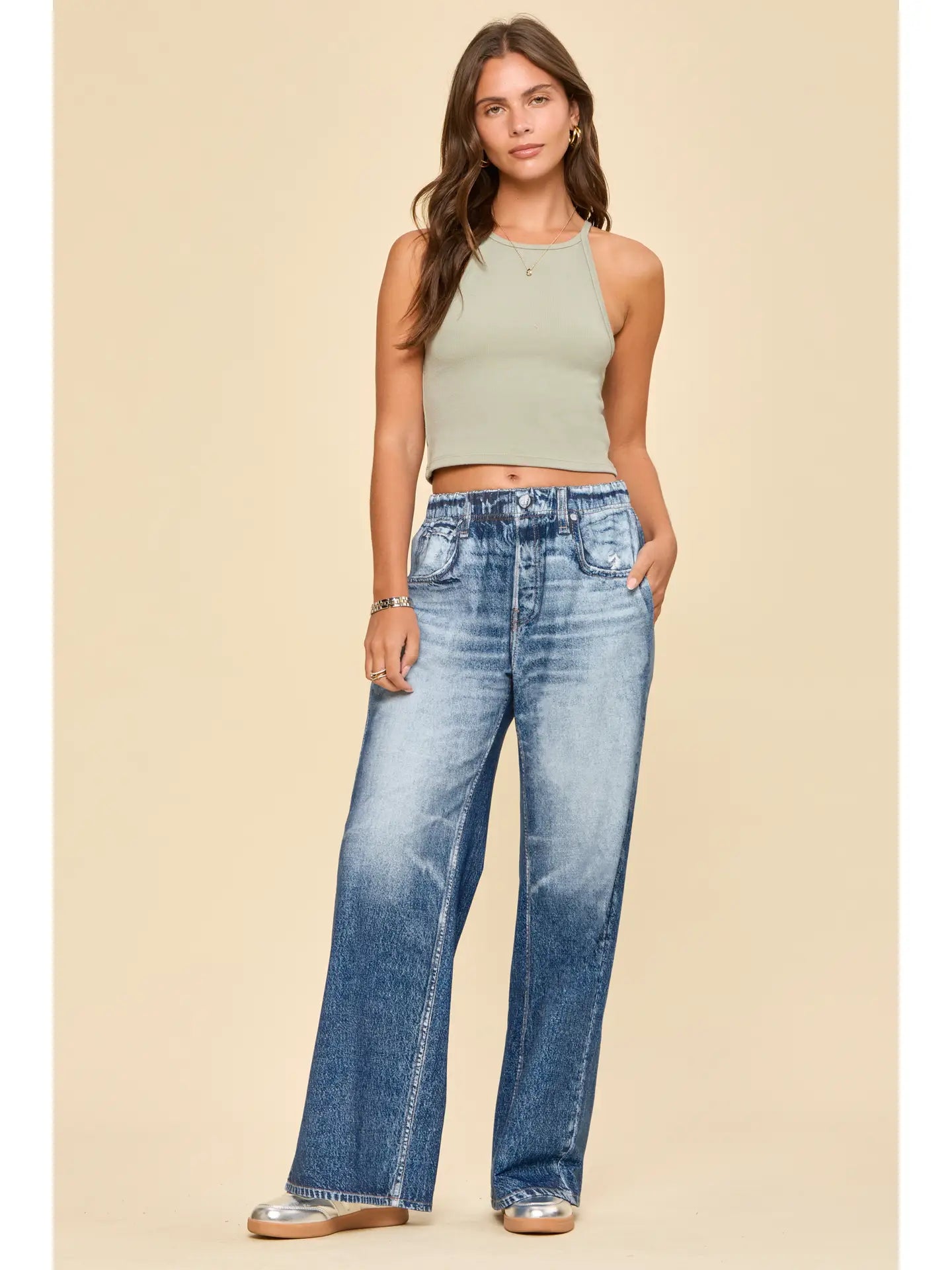 Medium wash pull on sweatpant jeans