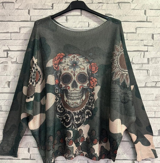One size olive printed skull sweater