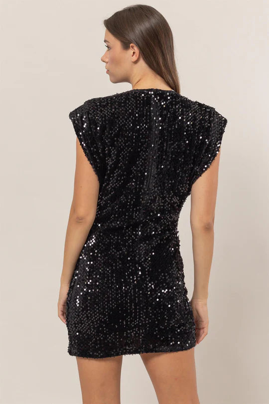 Black sequin padded shoulder mini dress