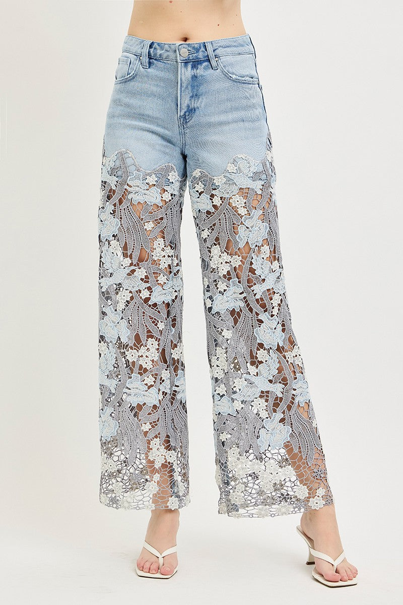 High rise lace panel jeans