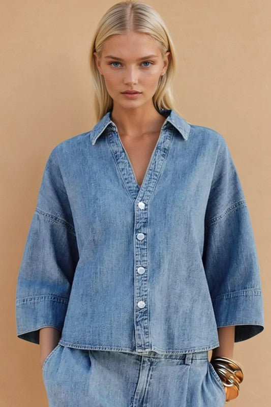 Denim shirt with wide sleeve