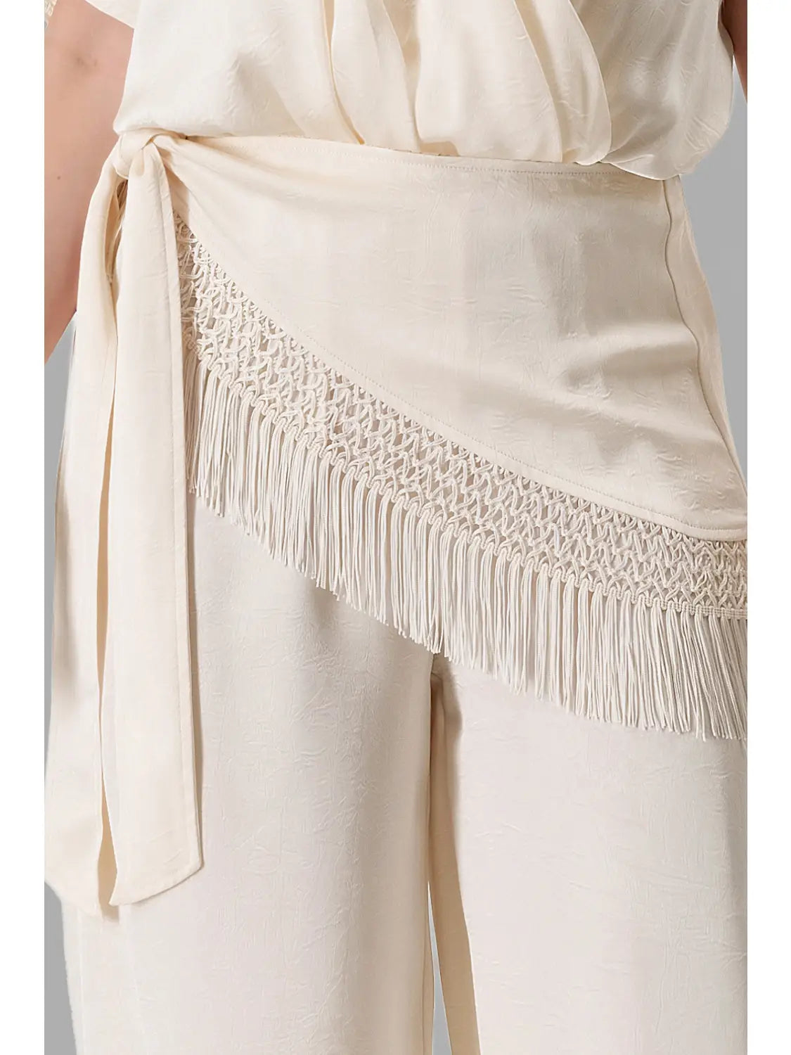 Draped V-Neck Satin Jumpsuit with Fringe Trim