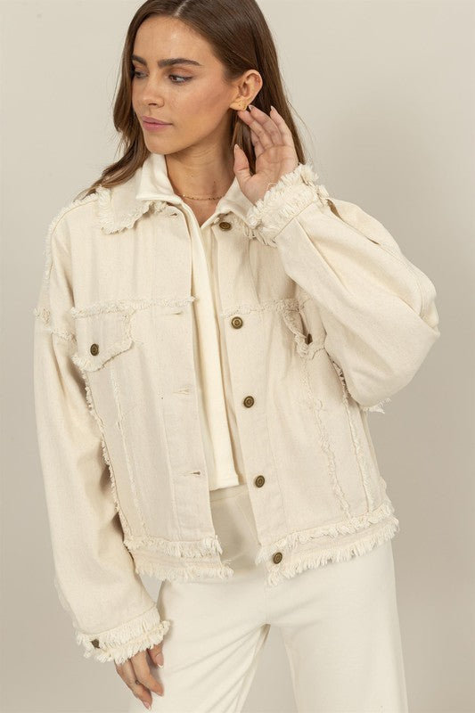 Frayed detail oatmeal denim jacket