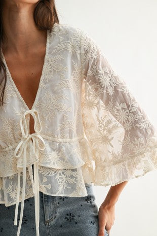 Boho embroidered semi sheer blouse