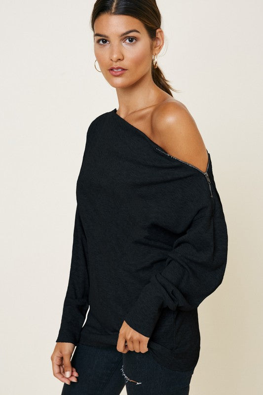 Black zipper shoulder top