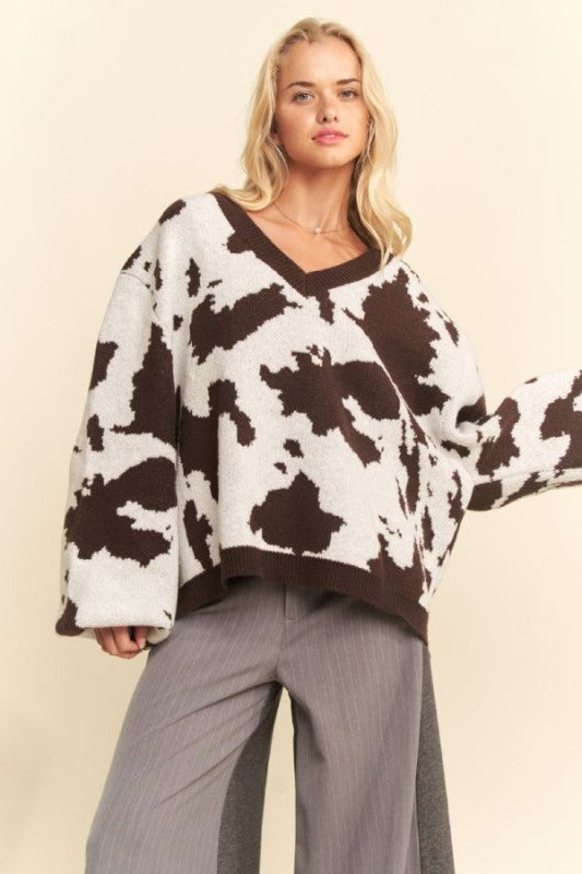 Cow patterned v neck sweater