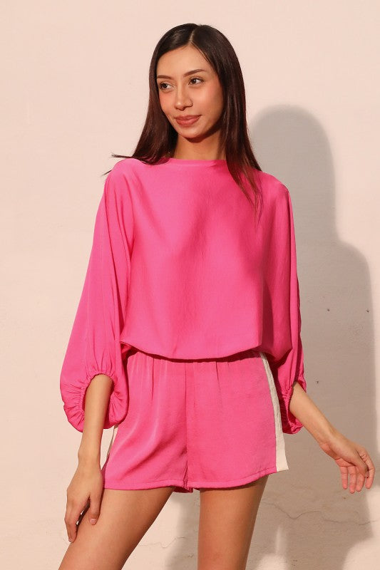 Poly silk boat neck blouson top