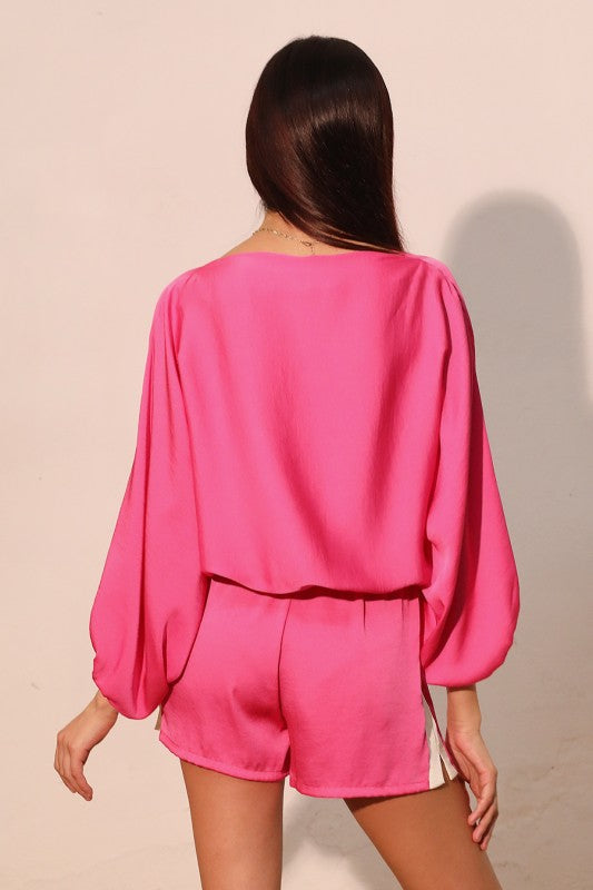 Poly silk boat neck blouson top