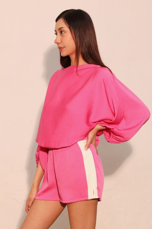 Poly silk boat neck blouson top