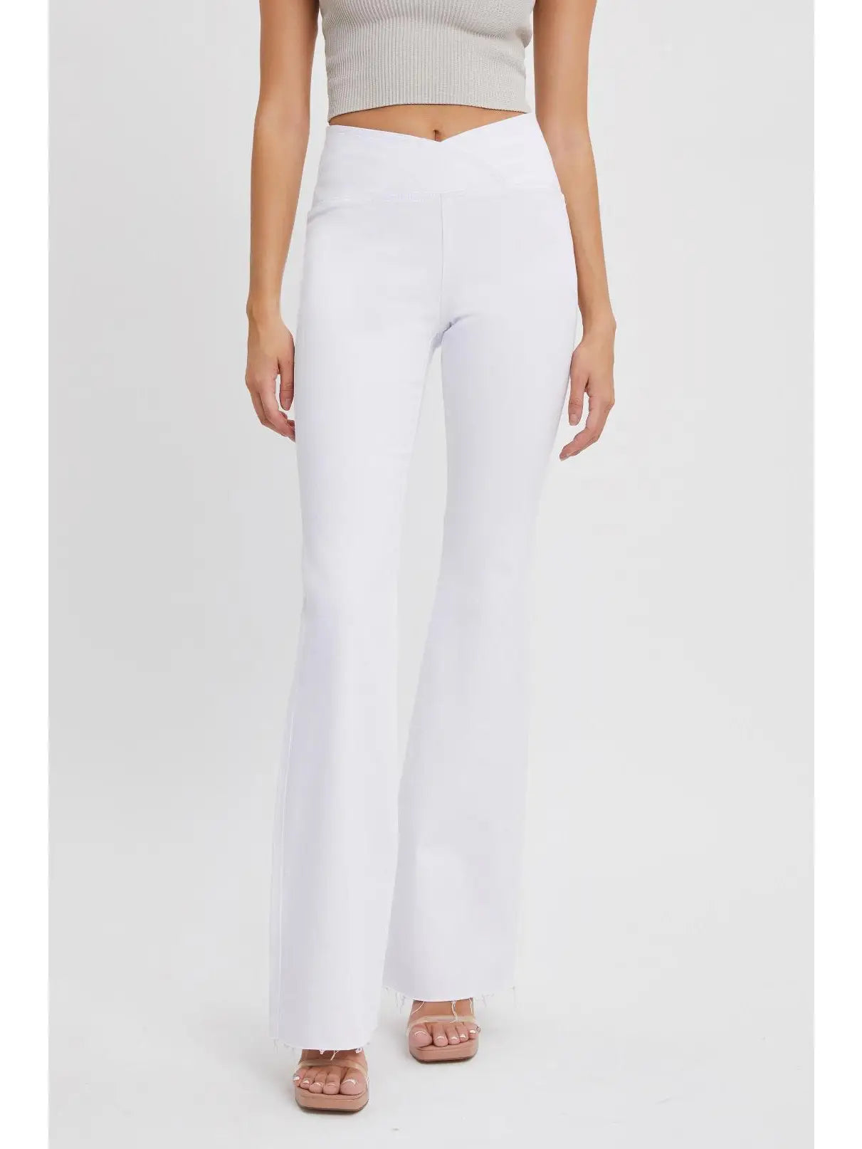 Criss cross high rise pull on flare jeans