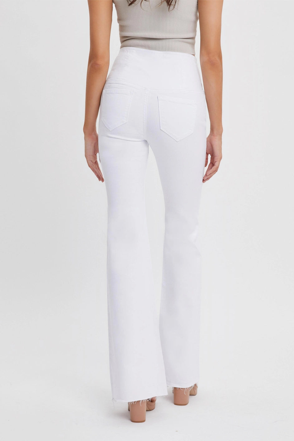Criss cross high rise pull on flare jeans