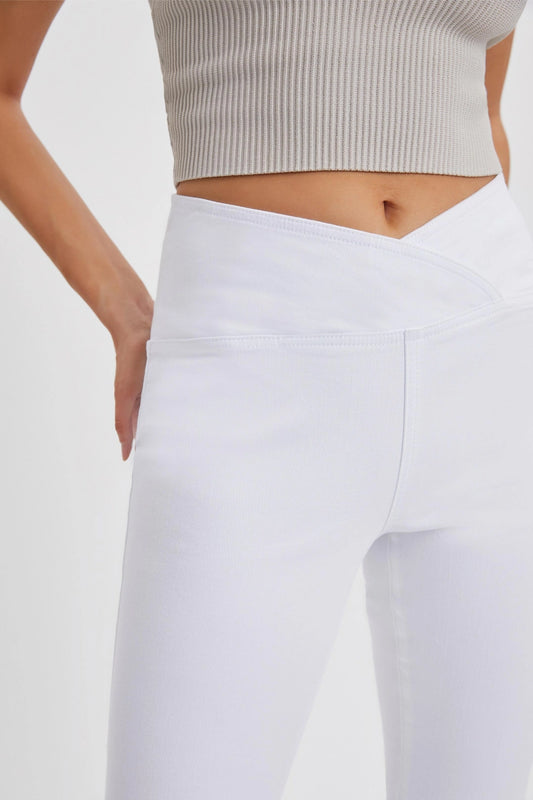 Criss cross high rise pull on flare jeans
