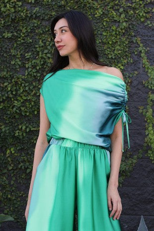 Ombre poly silk asymmetrical drawstring top