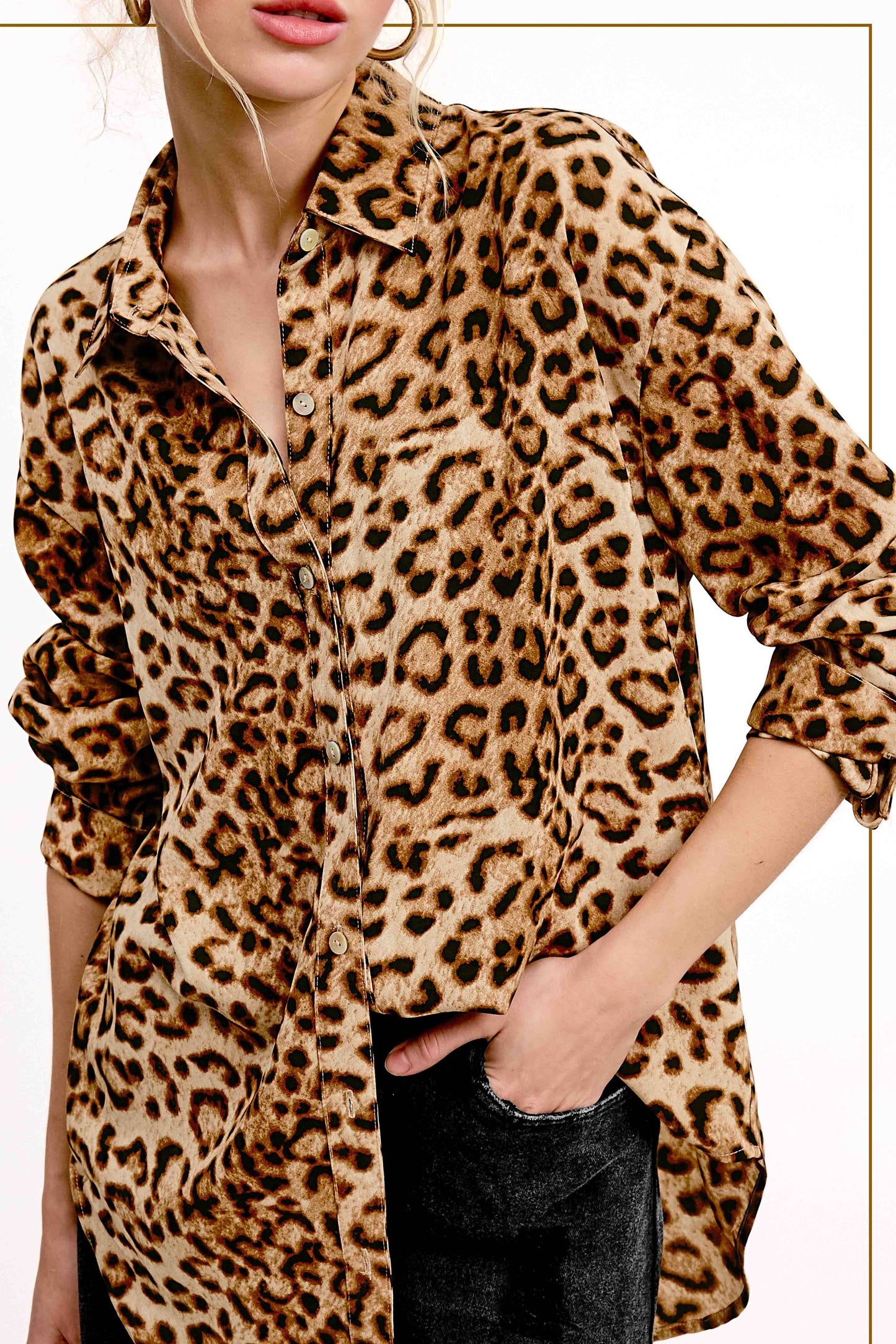 SRT7902-Leopard Printed Button Down Shirt Long Sleeve Fall