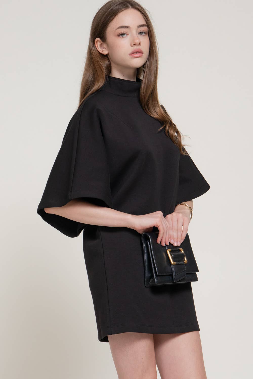 Batwing Short Sleeve High Neck Mini Dress