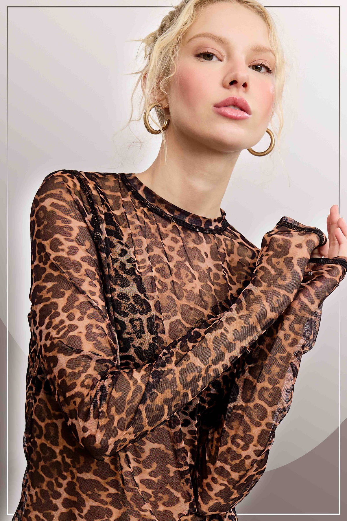 JDT7709-SemiSheer Leopard Crew Mock Neck Longsleeve Mesh Top
