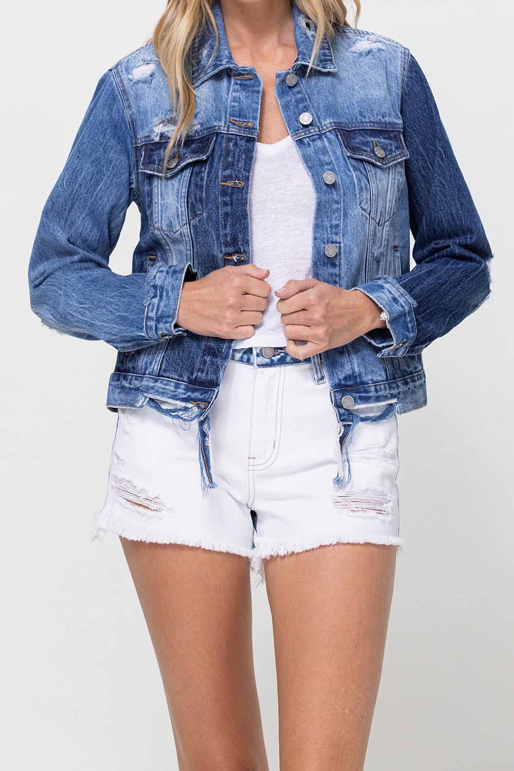 DISTRESSED CLASSIC FIT CROP JACKET W CONTRAST FABRIC V2745J