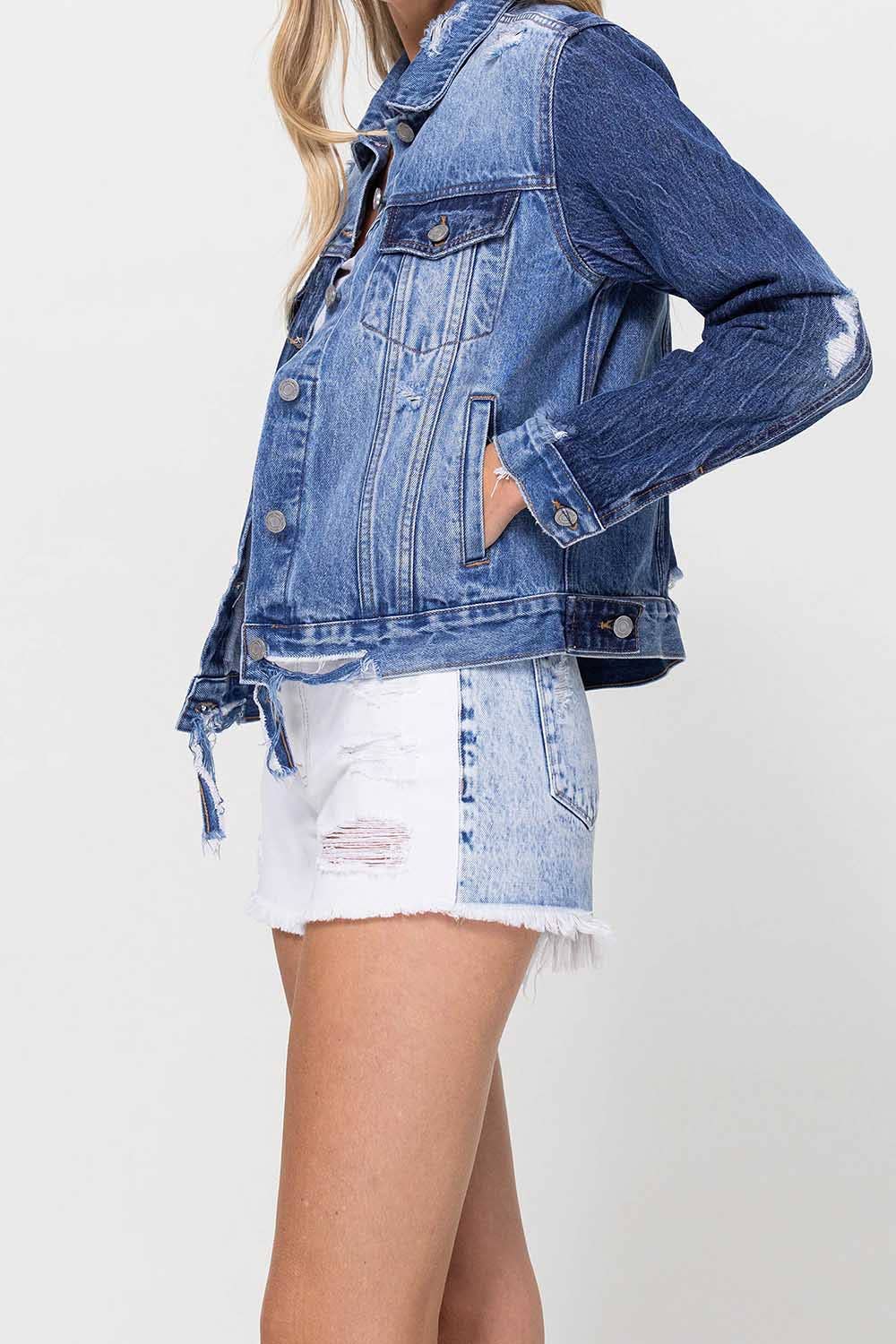 DISTRESSED CLASSIC FIT CROP JACKET W CONTRAST FABRIC V2745J