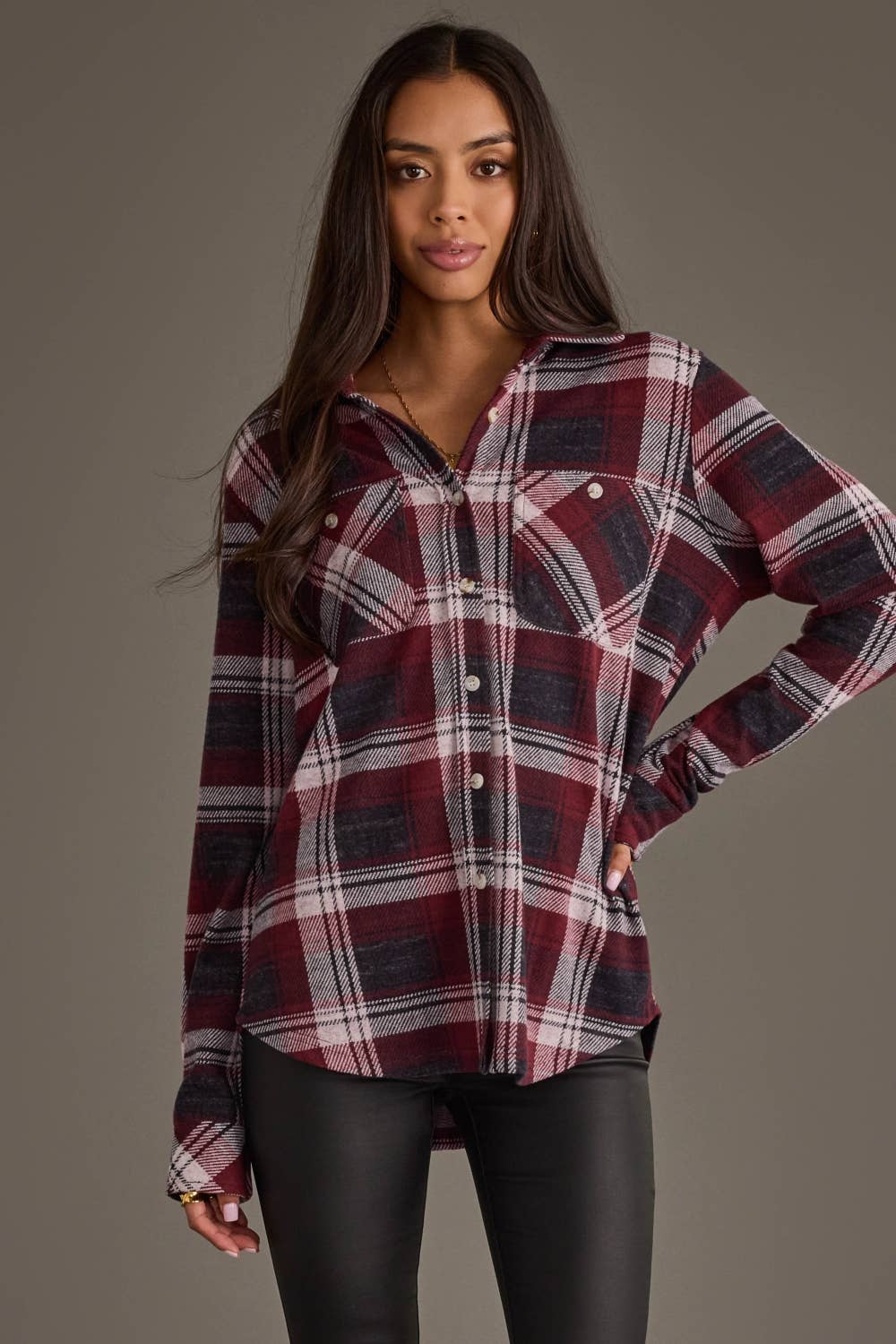Maroon, Charcoal & White Plaid Button Up