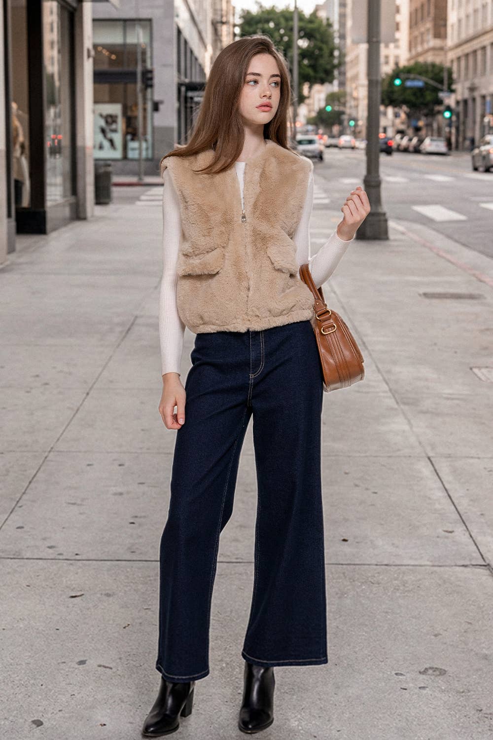 Round Neck Front Zipper with Flap Pocket Faux Fur Vest