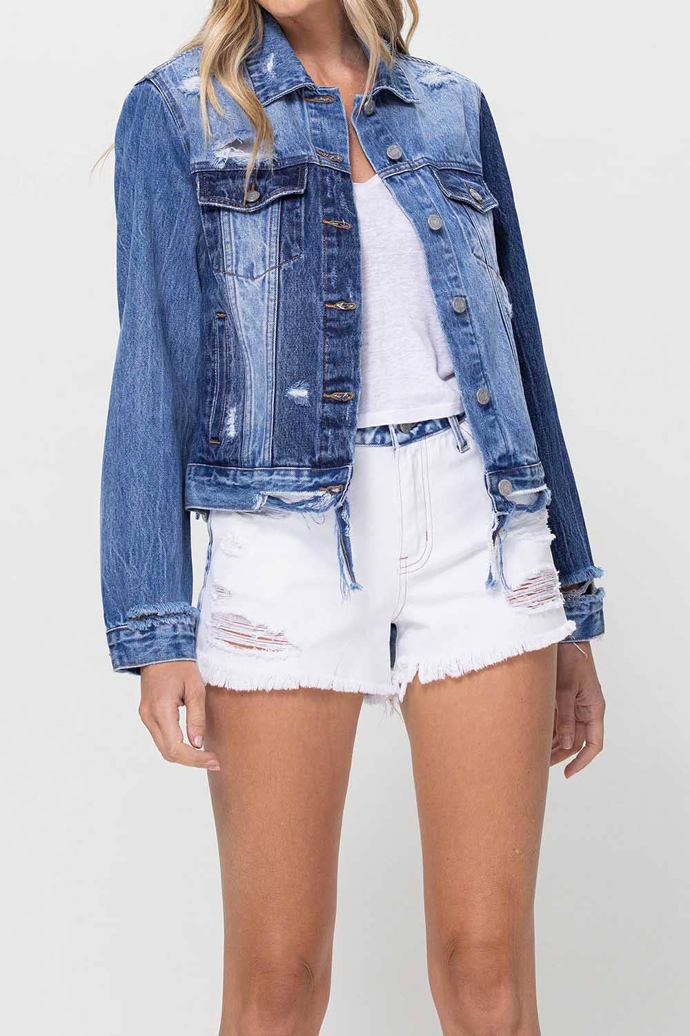 DISTRESSED CLASSIC FIT CROP JACKET W CONTRAST FABRIC V2745J