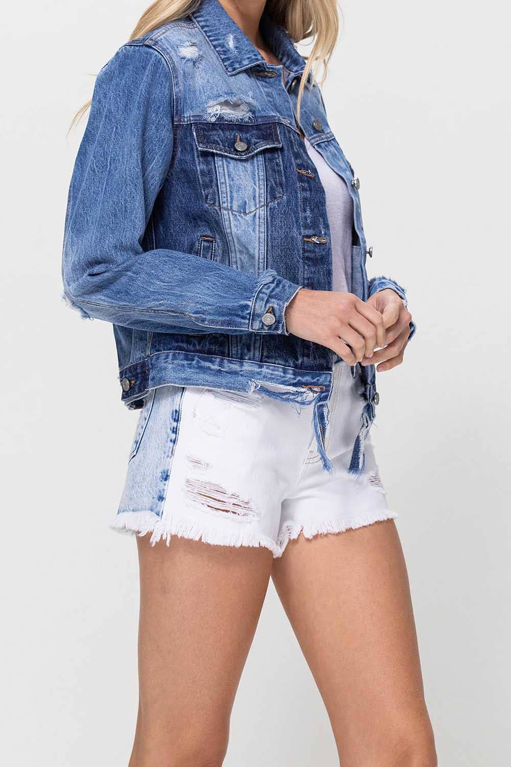 DISTRESSED CLASSIC FIT CROP JACKET W CONTRAST FABRIC V2745J