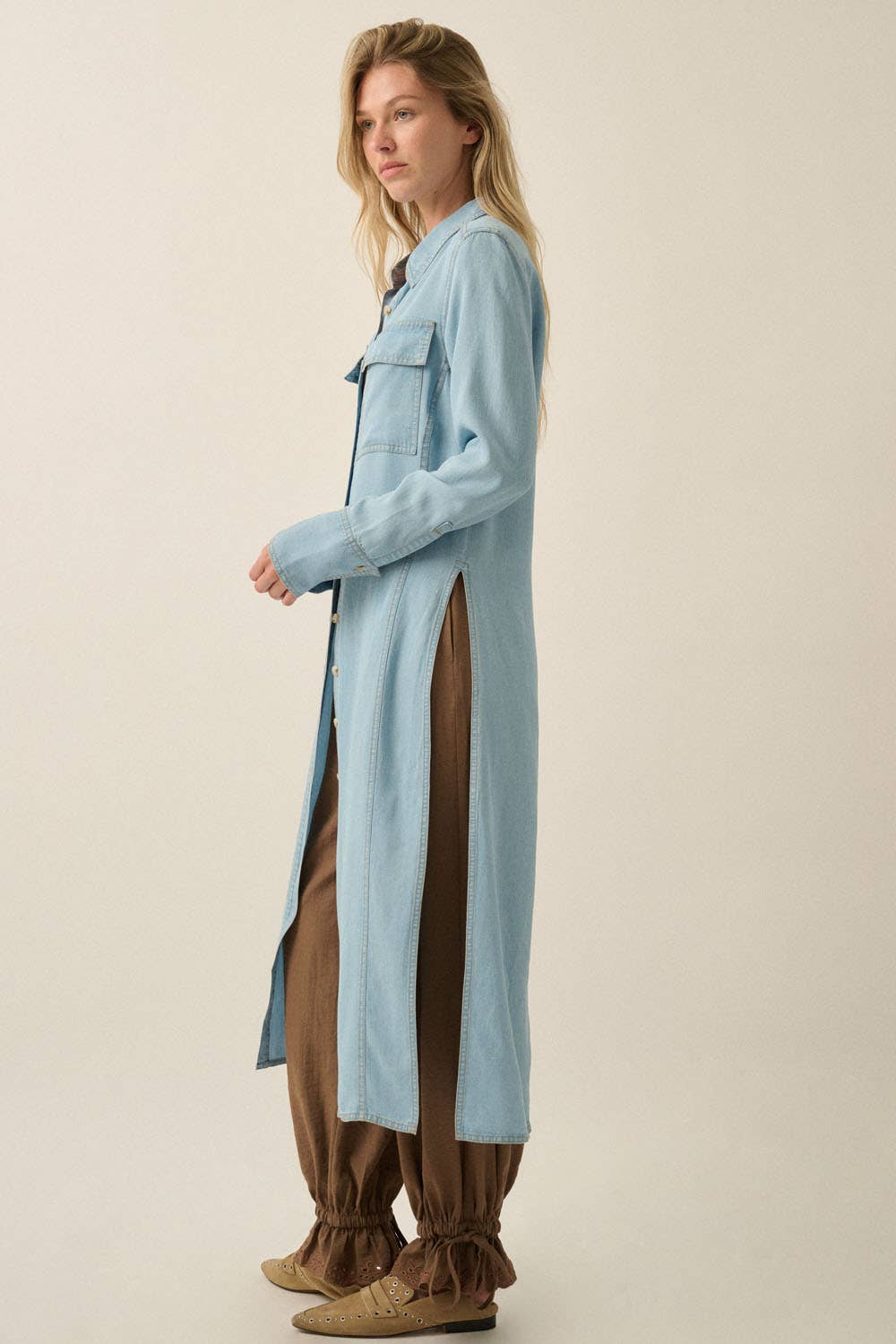 Tencel Denim Button-Up Collared Pocket Maxi Shirt