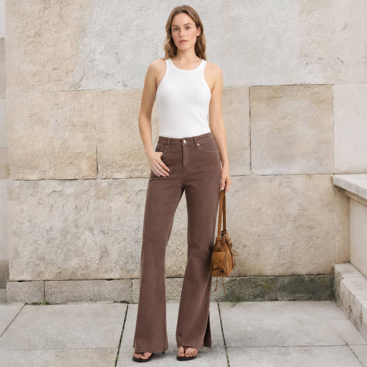High Rise Flare Leg Jeans with Side Slits OSF1037