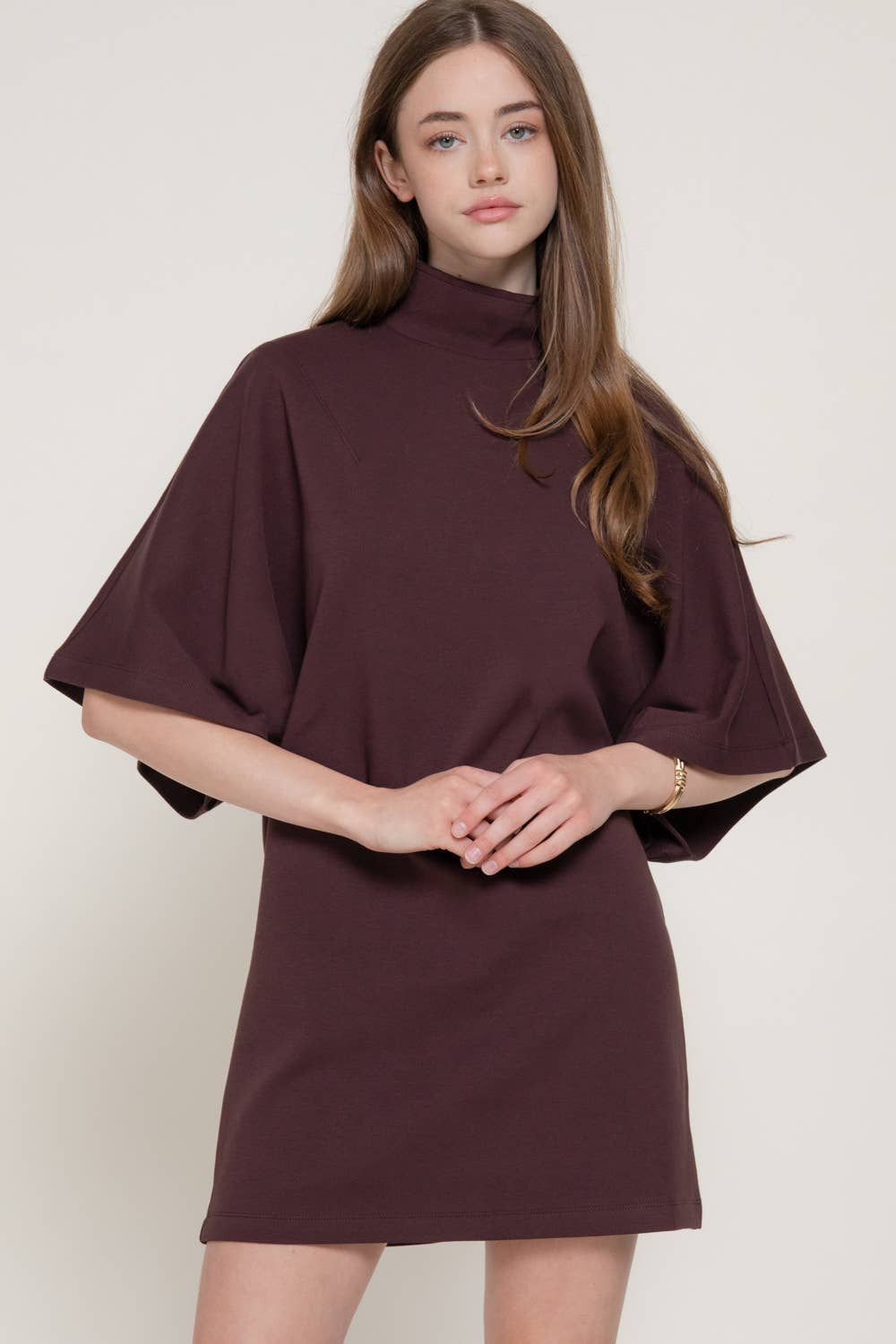 Batwing Short Sleeve High Neck Mini Dress