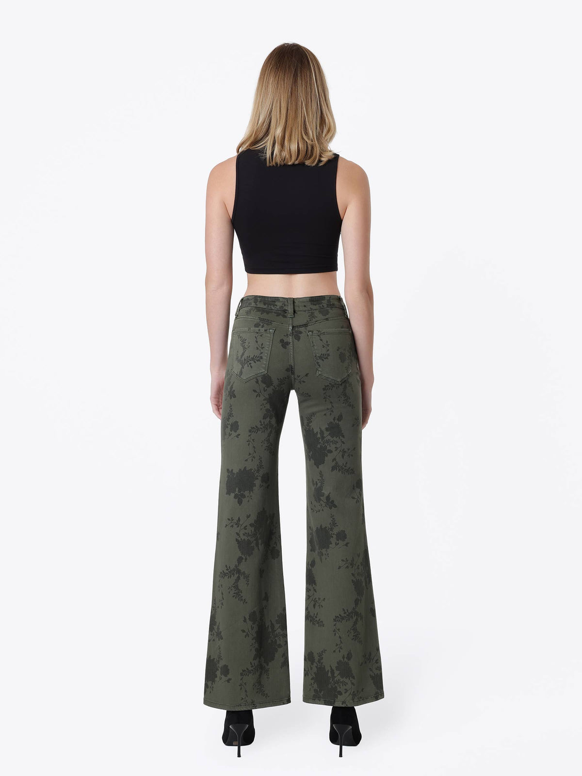MID RISE GREEN FLORAL PRINT VINTAGE FLARE JEANS T7588GEN