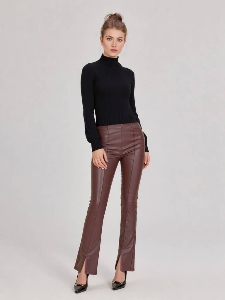 NP70301-High Waist Fitted Bell Bottom Faux Leather Pants