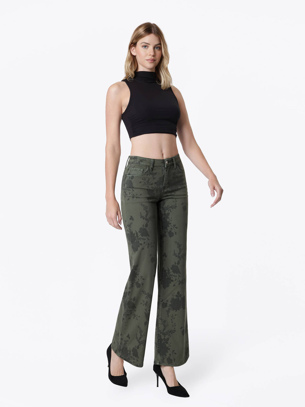 MID RISE GREEN FLORAL PRINT VINTAGE FLARE JEANS T7588GEN
