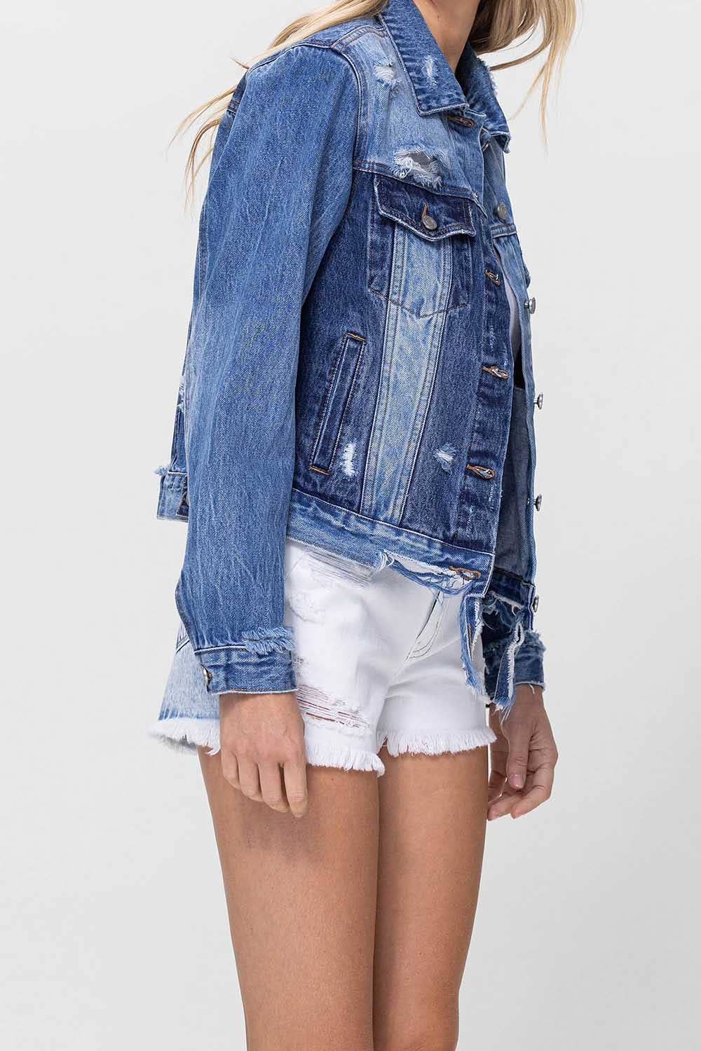 DISTRESSED CLASSIC FIT CROP JACKET W CONTRAST FABRIC V2745J