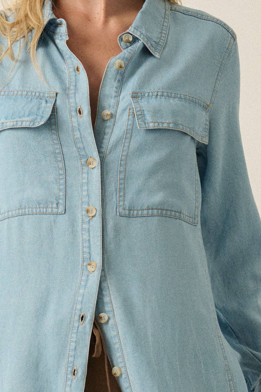 Tencel Denim Button-Up Collared Pocket Maxi Shirt