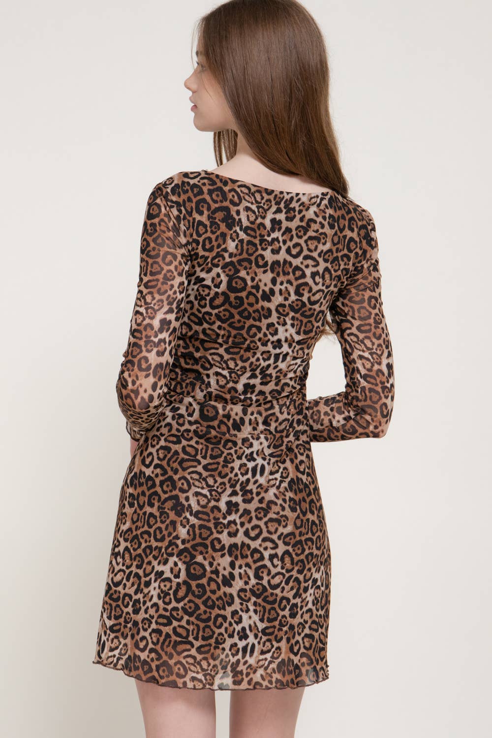 Long Sleeve Boat Neck Shirring Animal Print Mesh Mini Dress