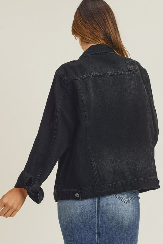 Black relaxed fit denim jacket by Risen